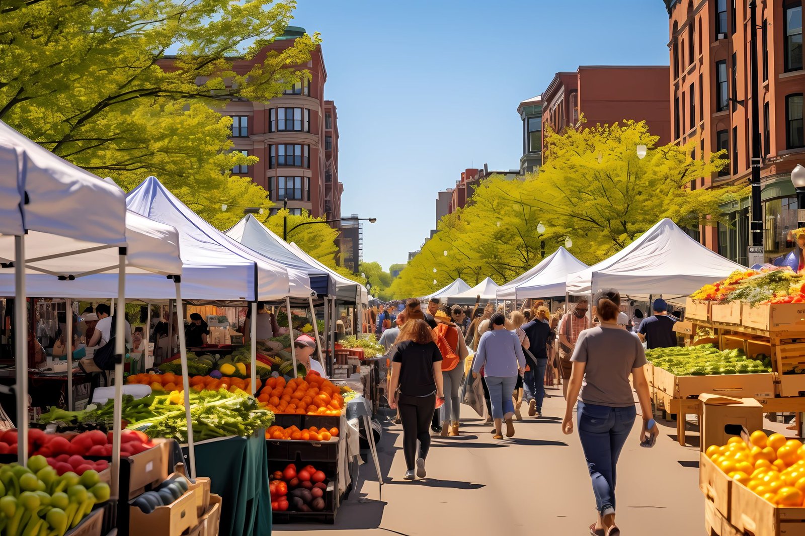 People embracing the sun at the farmer's market